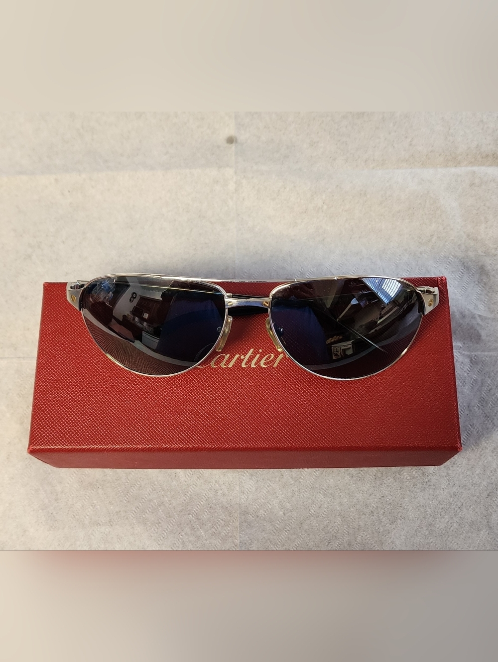 Authentic Cartier Silver Frame Sunglasses with Dark Blue Lenses